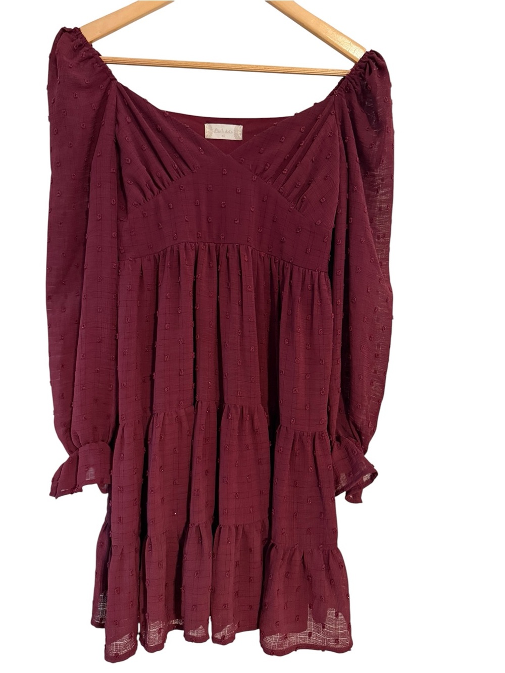 Altar'd State Tiered Mini Dress Long Sheer Sleeves Burgundy Wine Maroon Size XS
